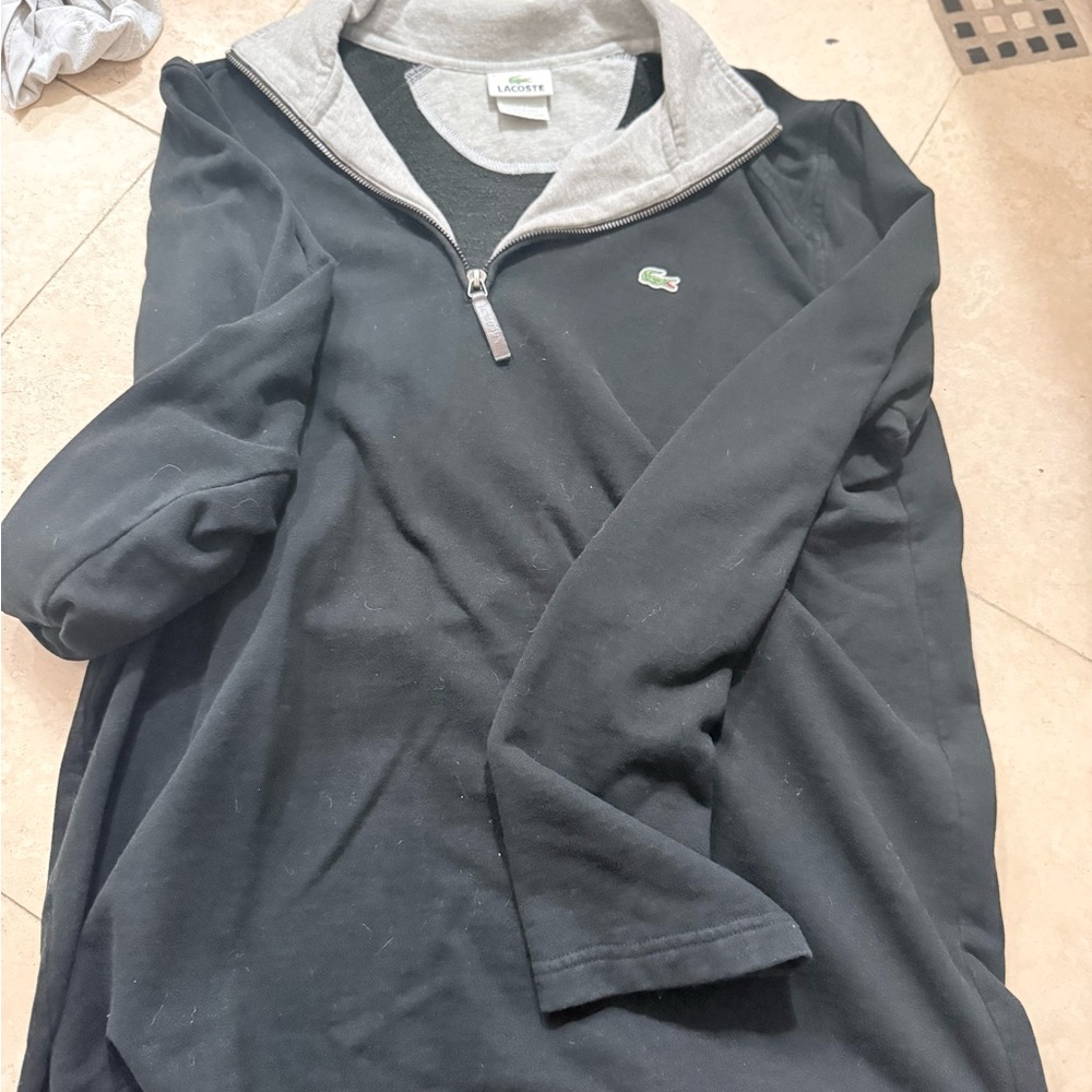 Lacoste Men's Black Zip-Up Sweater with Gray Collar